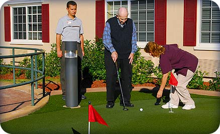 Nursing homes and retirement centers make great places to install putting greens for residents to enjoy physical therapy by golfing and putting