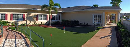 Putting greens for retirement homes and nursing facilities can be used for recreational therapy using putting on golf turf.